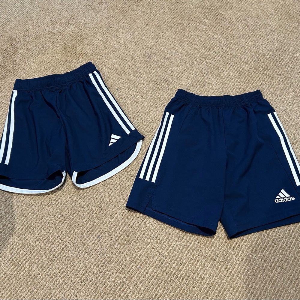 Two (2) Adidas Soccer Shorts. Girls' styles. Like new condition. Navy blue